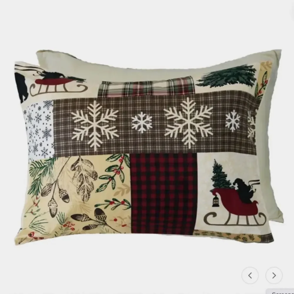 Christmas Holiday Patchwork King Comforter Set Holly Sleigh Plaid Farmhouse